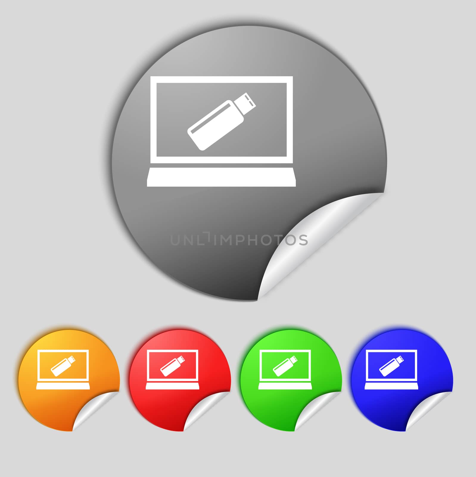 usb flash drive and monitor sign icon. Video game symbol. Set colourful buttons.  illustration