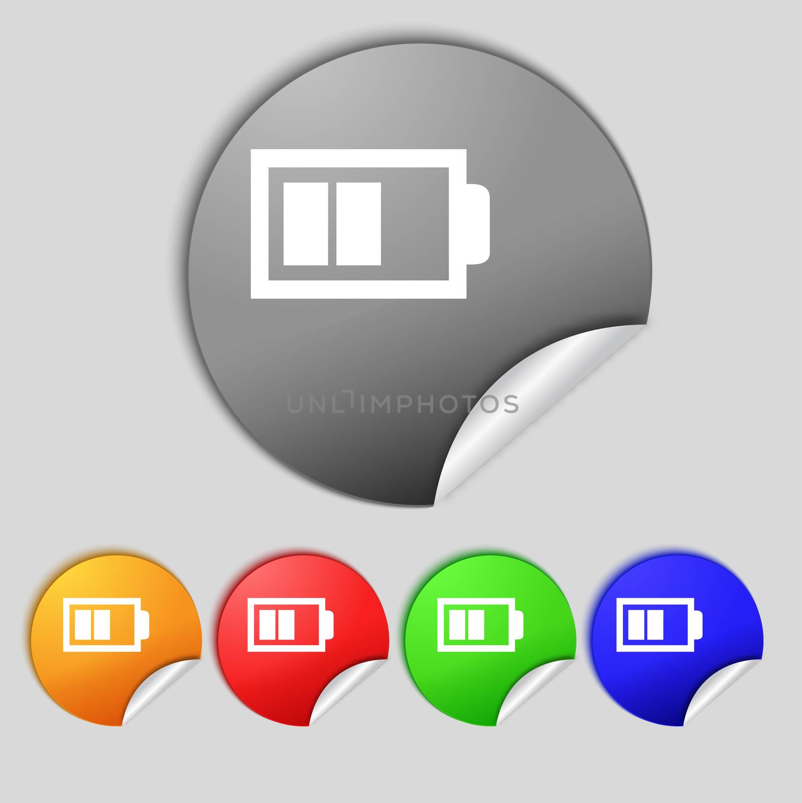 Battery half level sign icon. Low electricity symbol. Set of colour buttons.  illustration