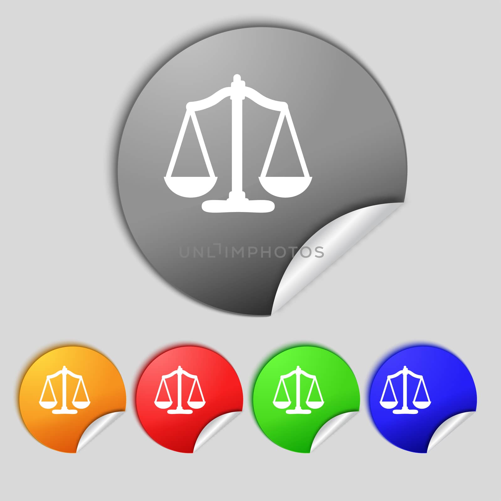 Scales of Justice sign icon. Court law symbol. Set colourful buttons.  illustration