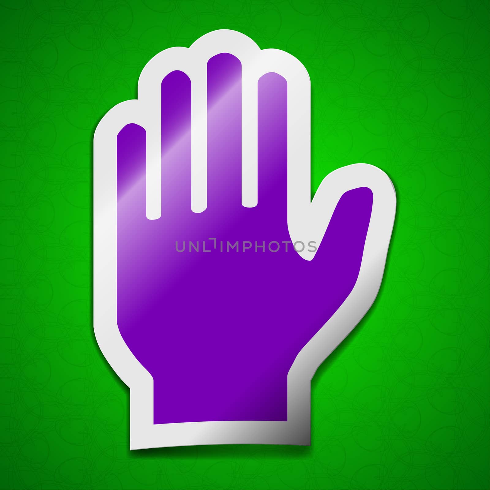 Hand print icon sign. Symbol chic colored sticky label on green background.  by serhii_lohvyniuk