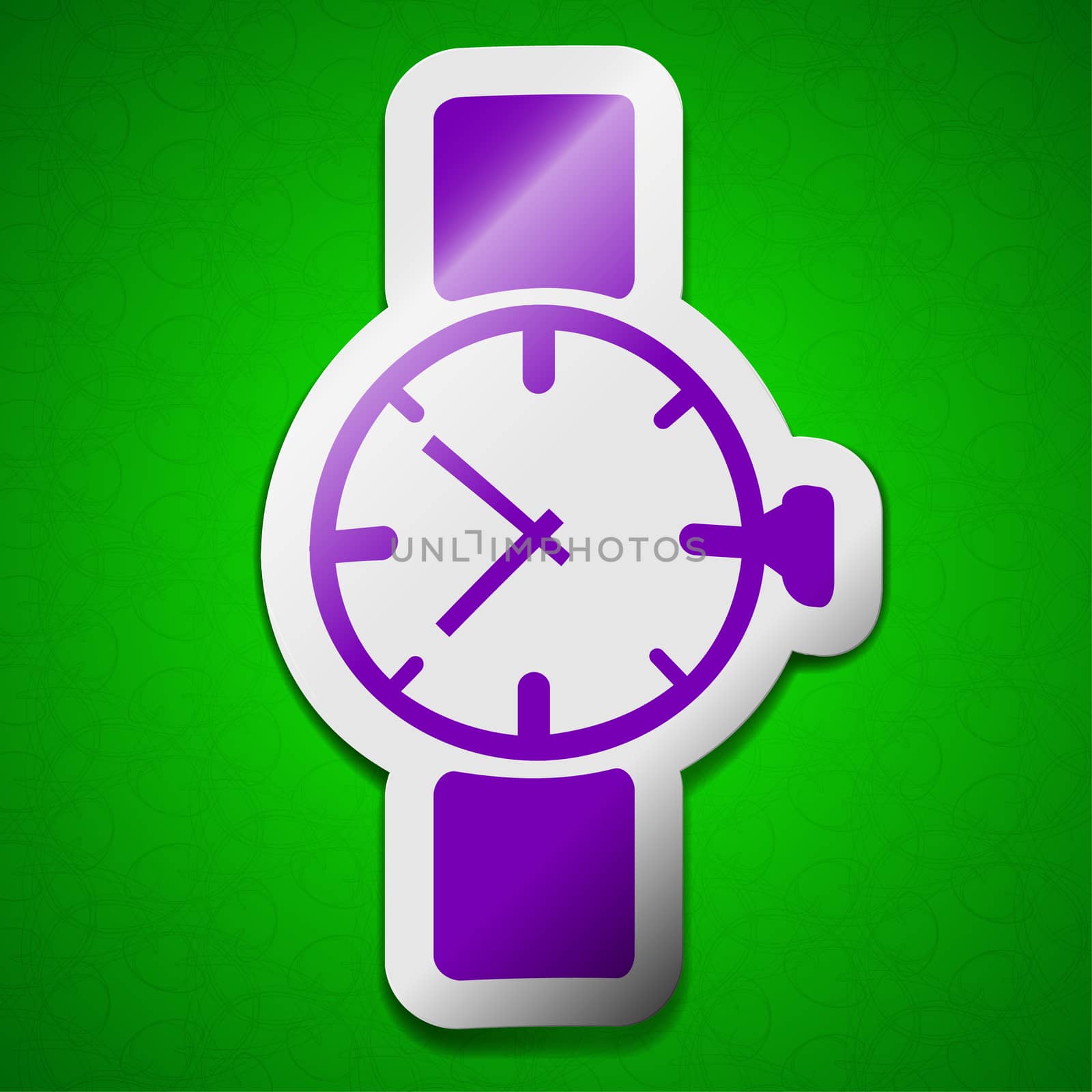 Wrist Watch icon sign. Symbol chic colored sticky label on green background.  illustration