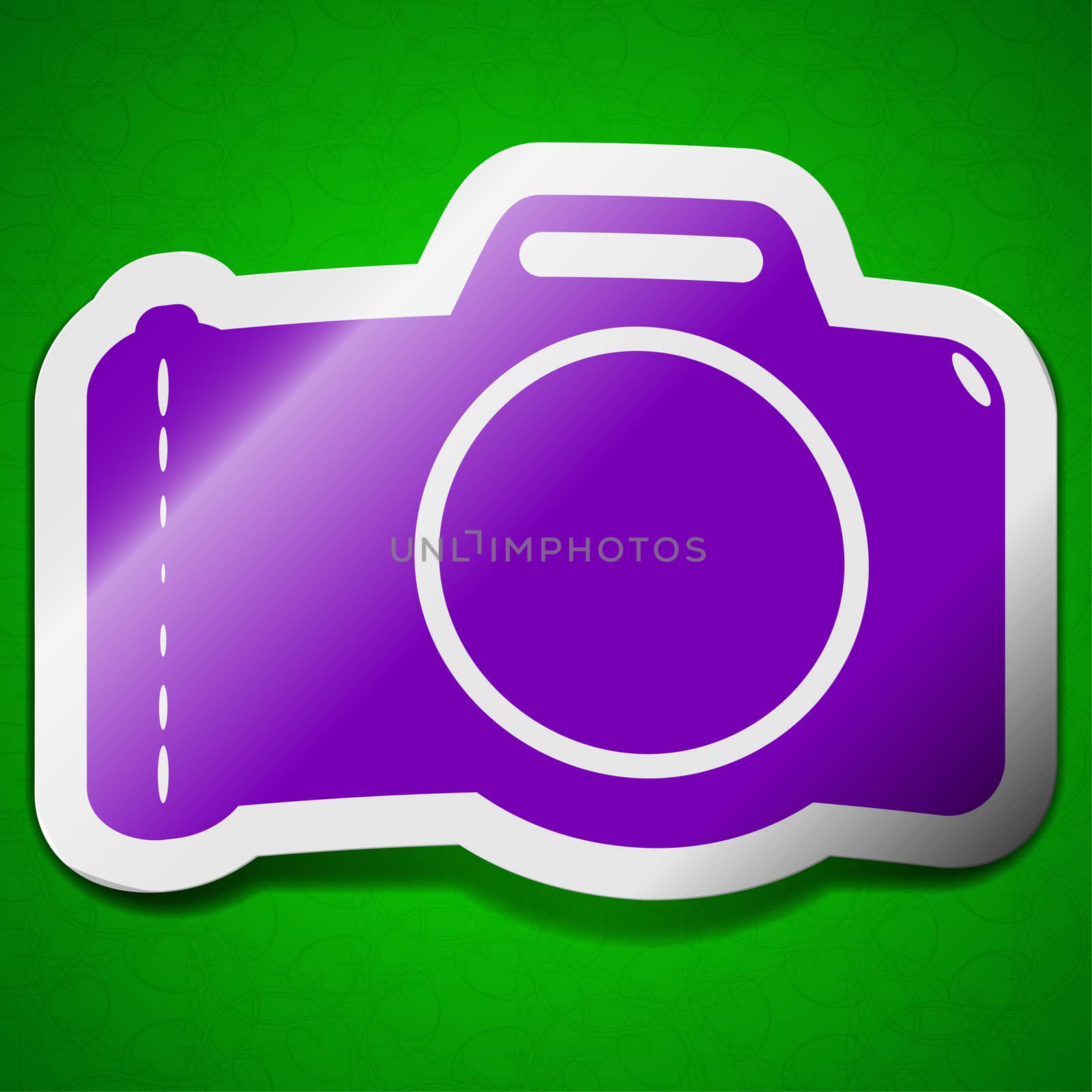 Photo camera icon sign. Symbol chic colored sticky label on green background.  by serhii_lohvyniuk