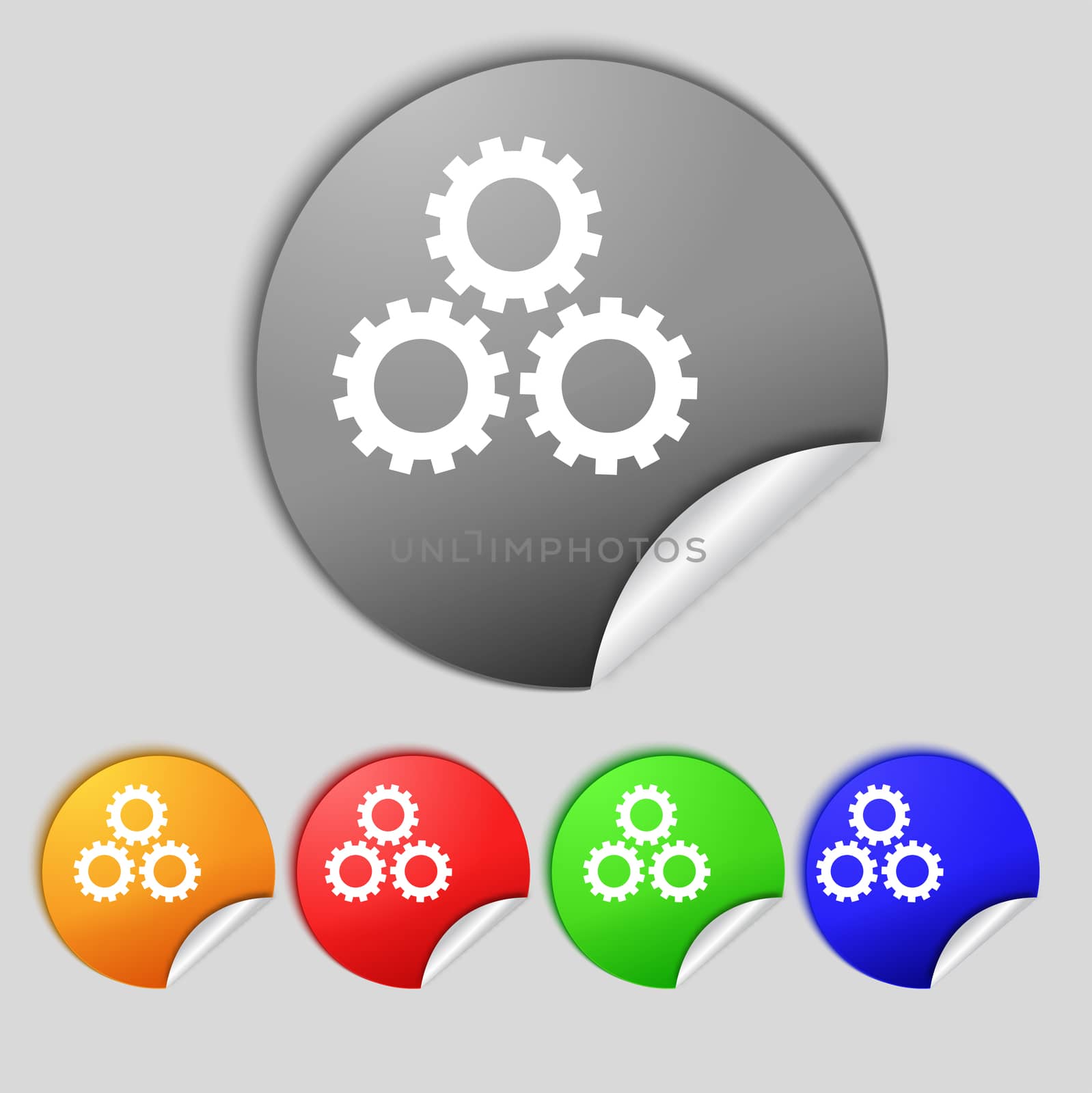 Cog settings sign icon. Cogwheel gear mechanism symbol. Set colourful buttons.  illustration