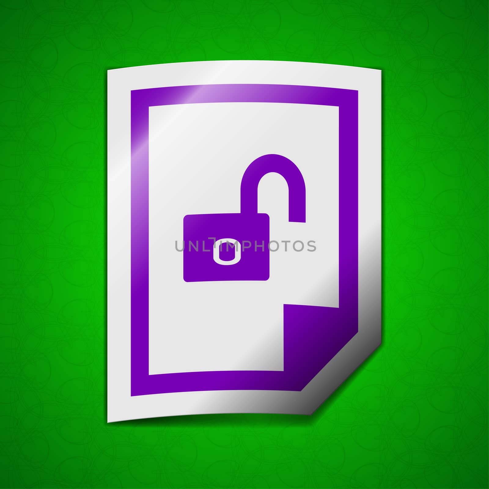 File unlocked icon sign. Symbol chic colored sticky label on green background.  by serhii_lohvyniuk