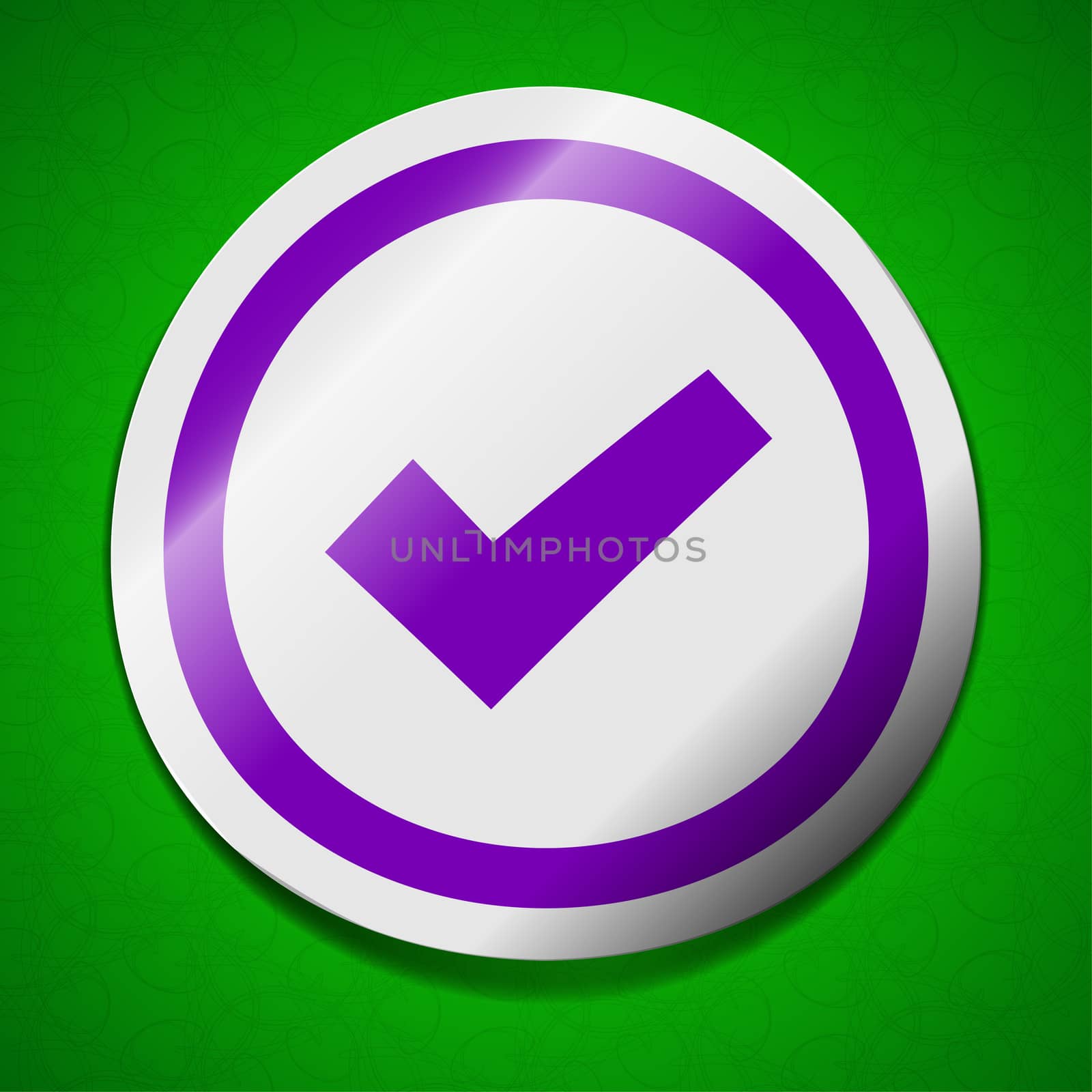 Check mark icon sign. Symbol chic colored sticky label on green background.  by serhii_lohvyniuk