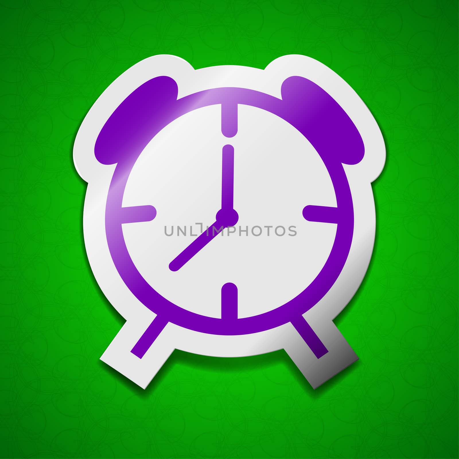 Alarm clock icon sign. Symbol chic colored sticky label on green background.  by serhii_lohvyniuk