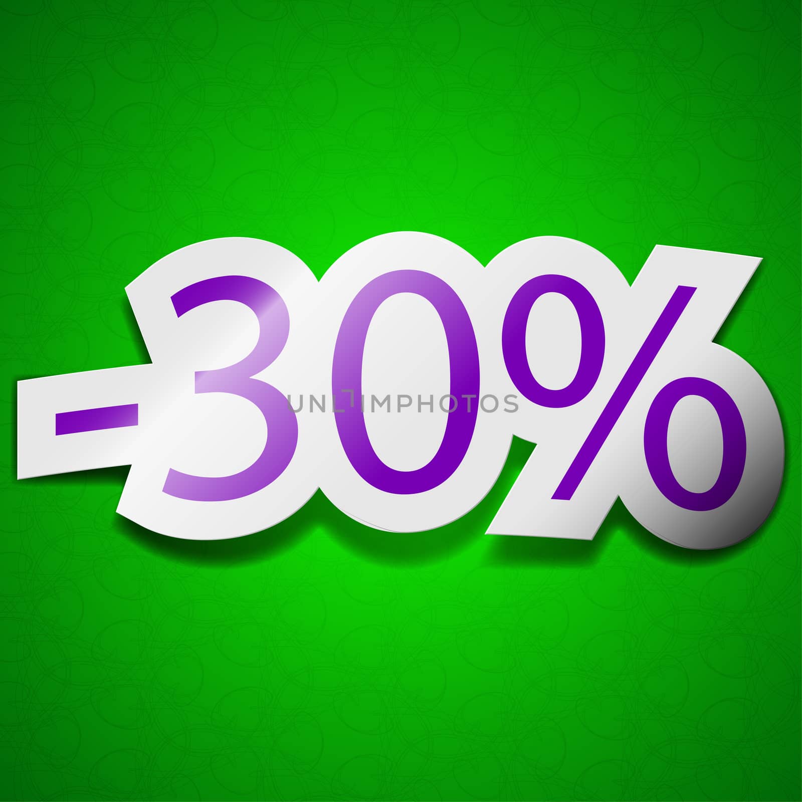 30 percent discount icon sign. Symbol chic colored sticky label on green background.  illustration