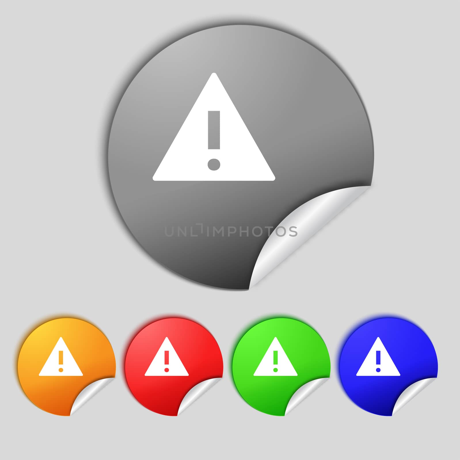 Attention sign icon. Exclamation mark. Hazard warning symbol. Set colourful buttons  illustration