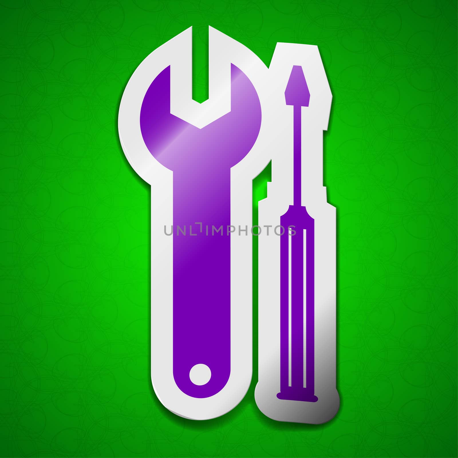 screwdriver with wrench icon sign. Symbol chic colored sticky label on green background.  illustration