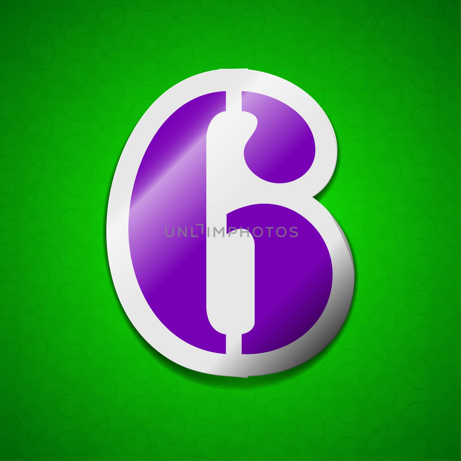 number six icon sign. Symbol chic colored sticky label on green background.  illustration