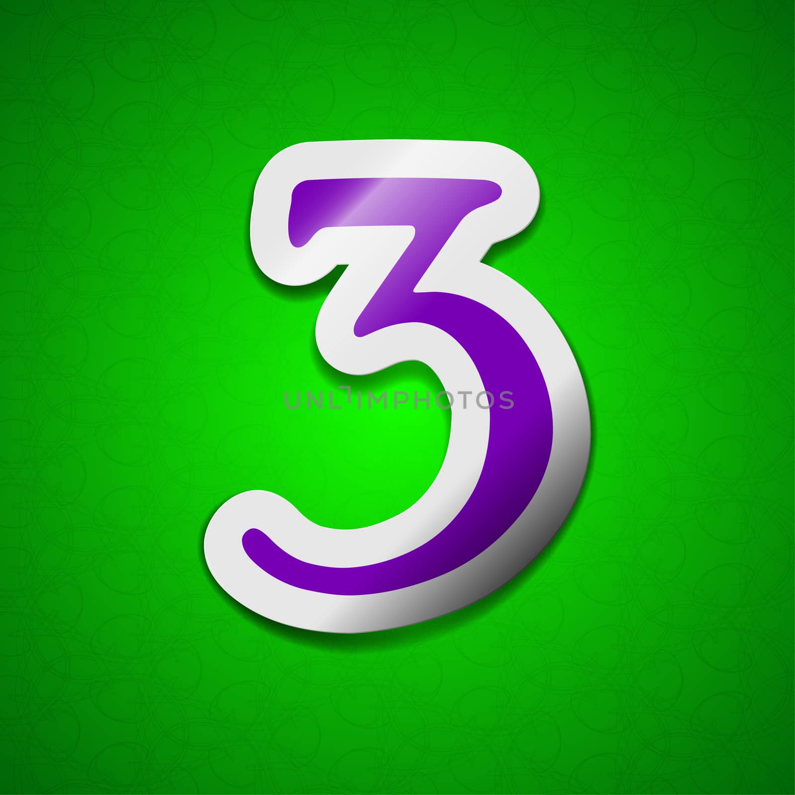 number three icon sign. Symbol chic colored sticky label on green background.  illustration