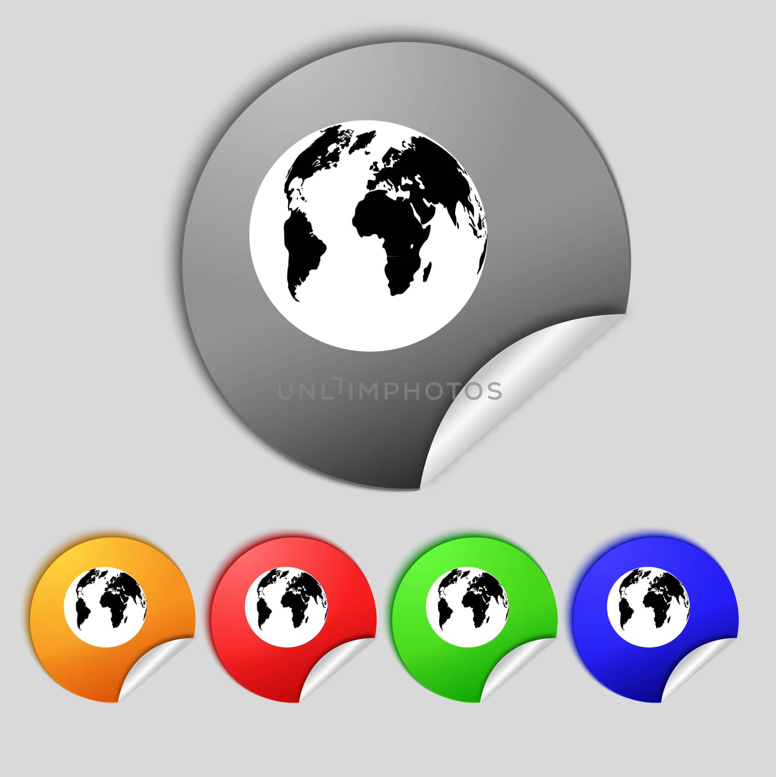 Globe sign icon. World map geography symbol. Set colourful buttons.  by serhii_lohvyniuk