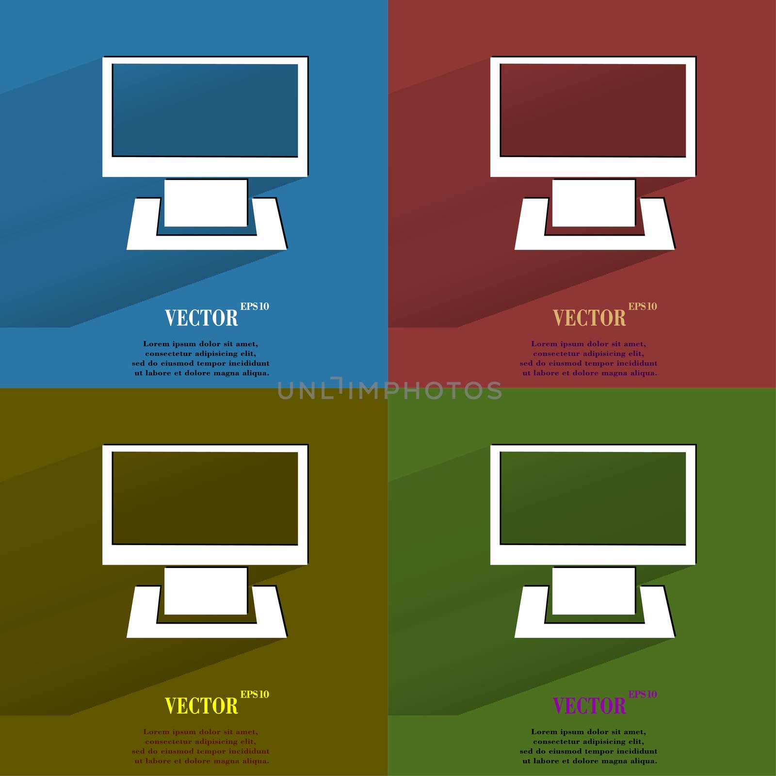 Color set Computer. Flat modern web button with long shadow and space for your text. . 