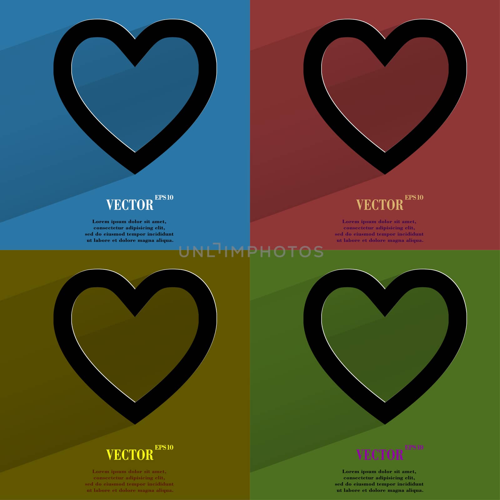 Color set Heart. Flat modern web button with long shadow and space for your text. . 