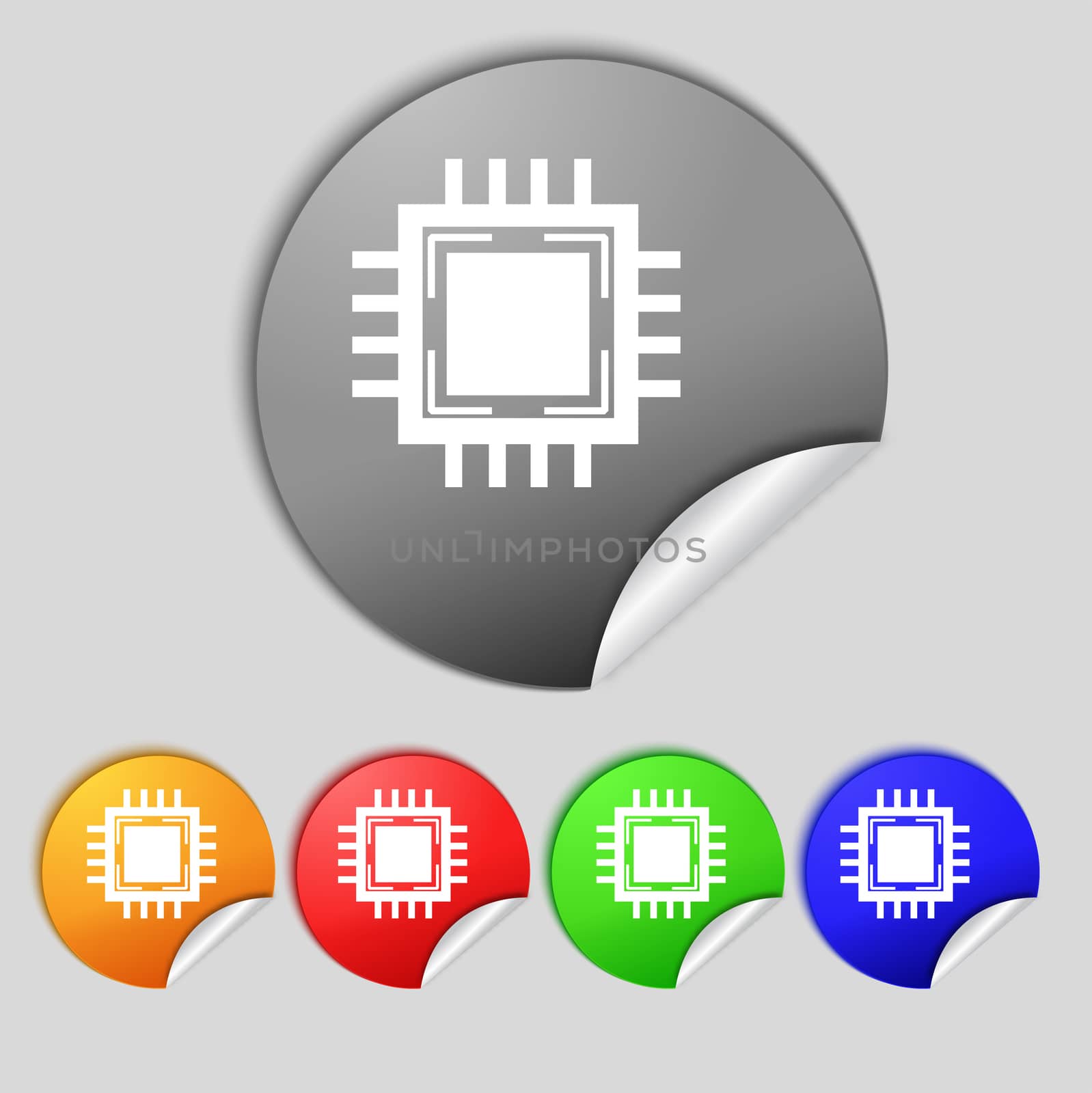 Central Processing Unit Icon. Technology scheme circle symbol. Set colourful buttons.  by serhii_lohvyniuk