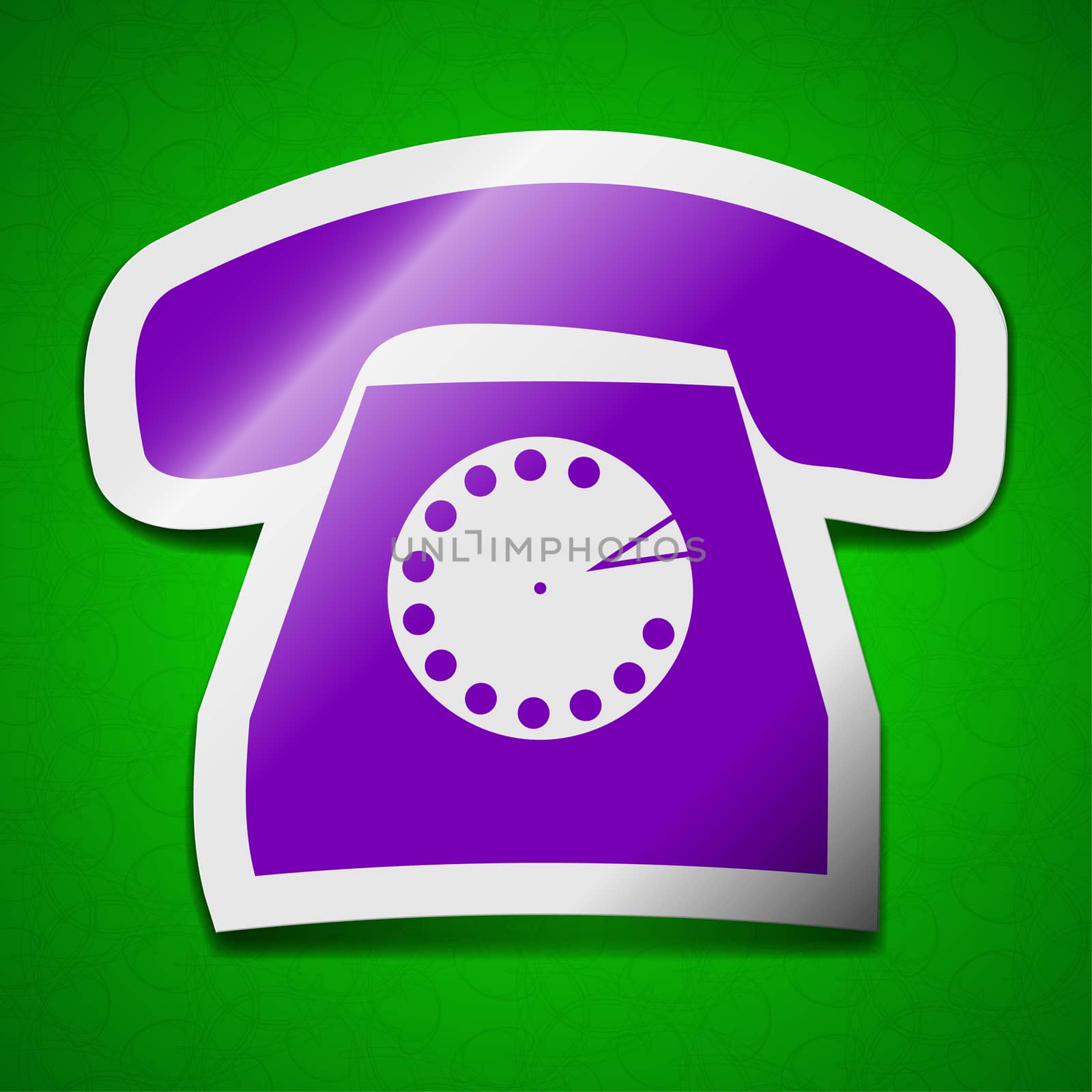 Retro telephone icon sign. Symbol chic colored sticky label on green background.  illustration