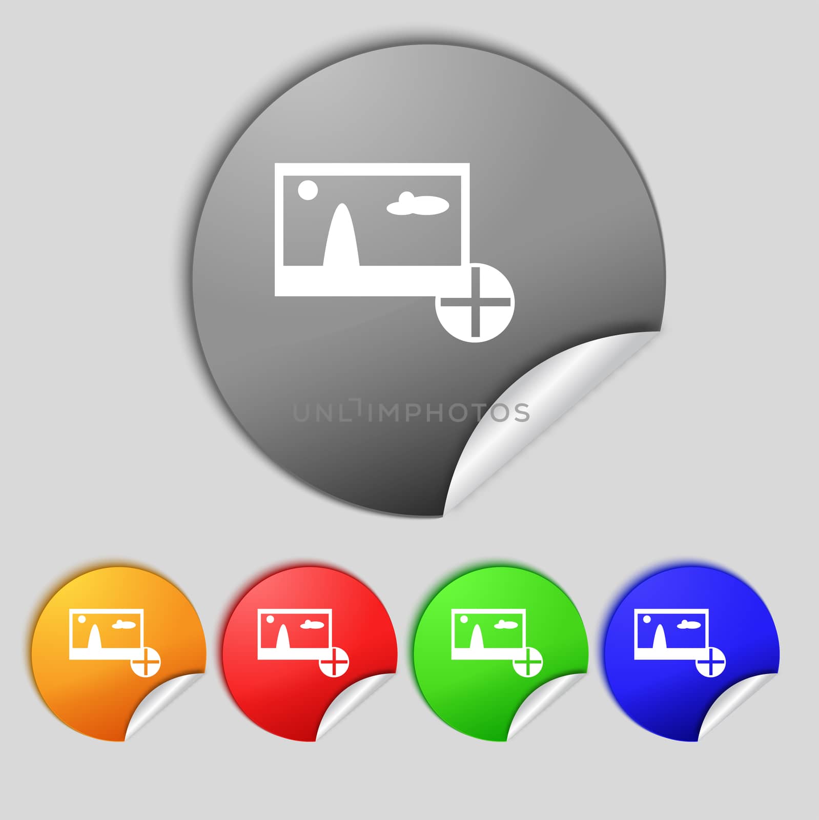 Plus, add File JPG sign icon. Download image file symbol. Set colourful buttons Modern UI website navigation  illustration