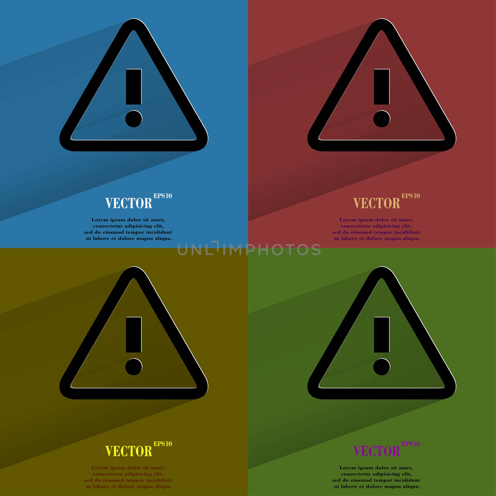 Color set danger. exclamation mark Flat modern web button with long shadow and space for your text. . 