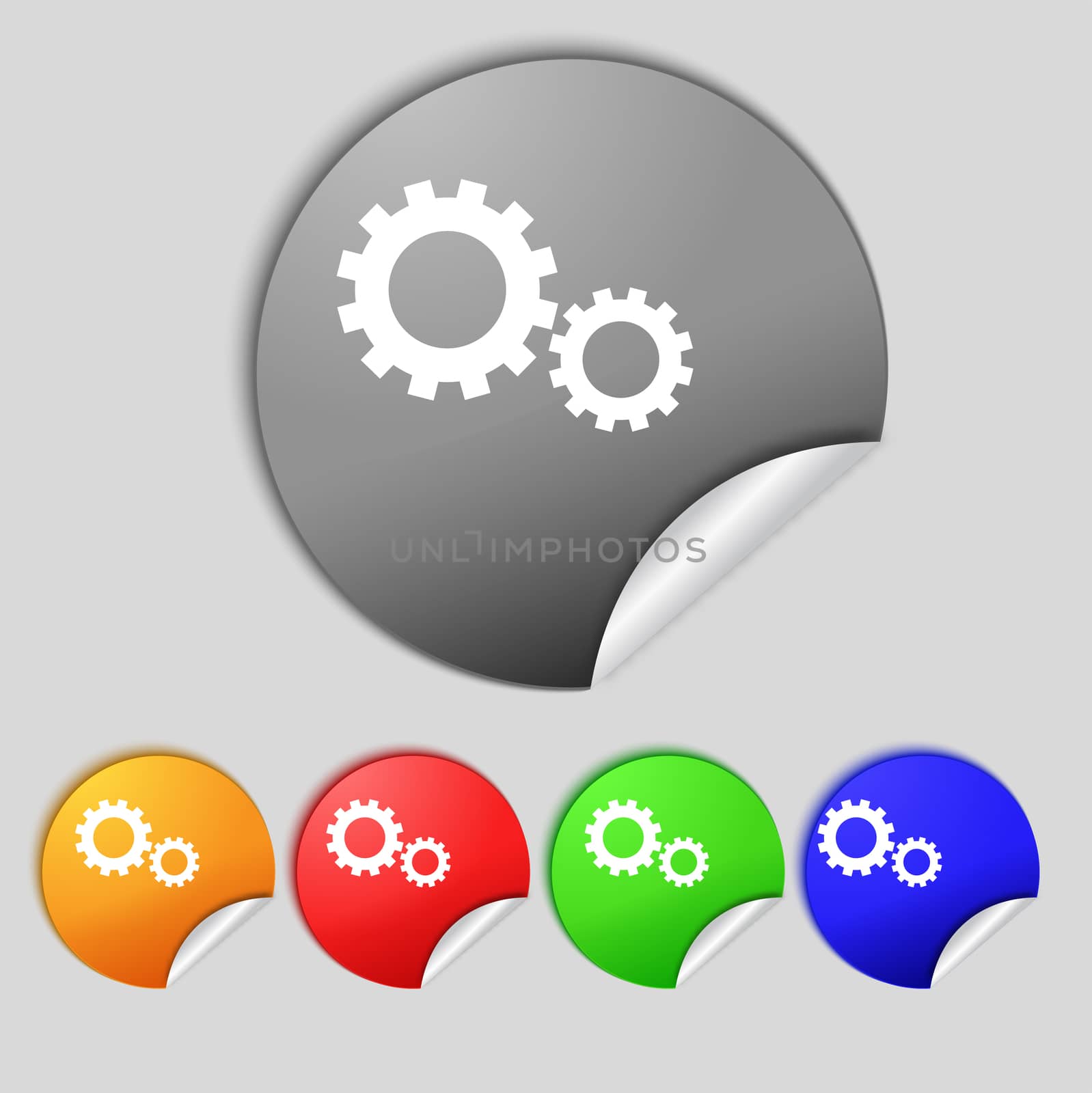 Cog settings sign icon. Cogwheel gear mechanism symbol. Set colourful buttons.  by serhii_lohvyniuk