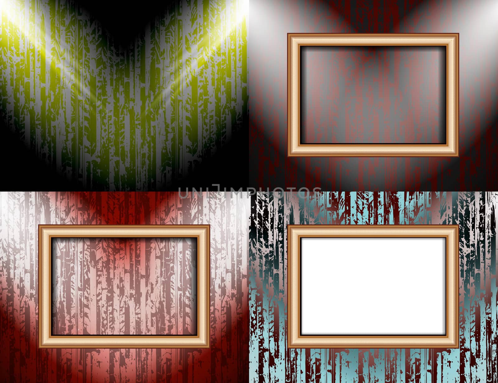 Set of Blank frame on a color wall lighting, abstract colored background with spotlights.  illustration