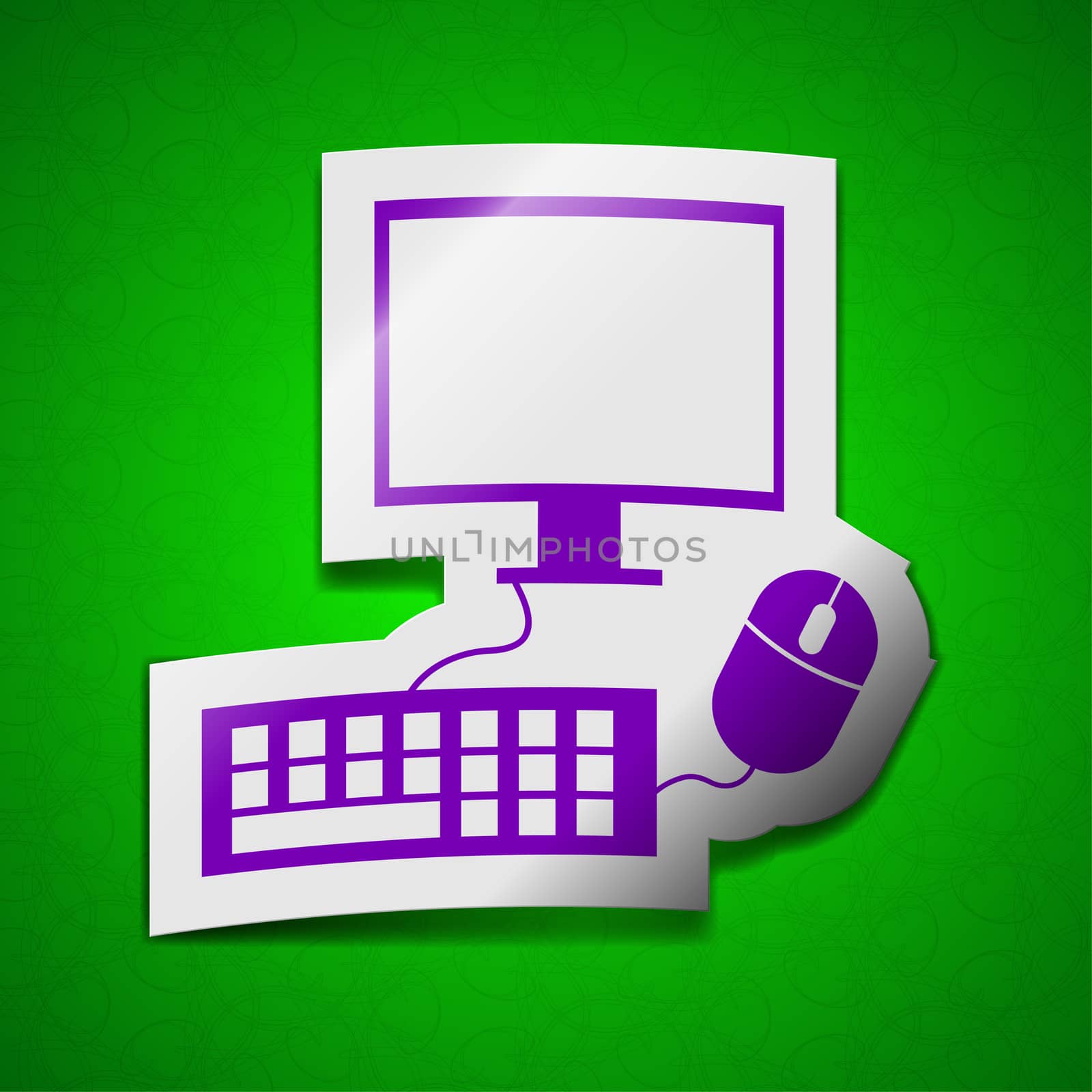 Computer monitor and keyboard icon sign. Symbol chic colored sticky label on green background.  by serhii_lohvyniuk