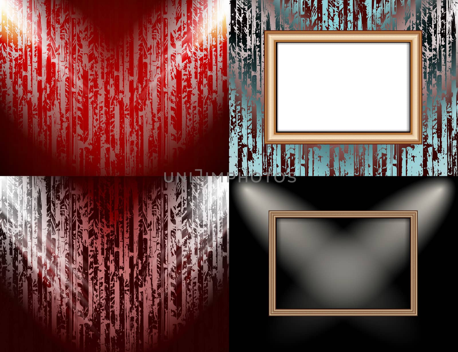 Set of Blank frame on a color wall lighting, abstract colored background with spotlights.  illustration