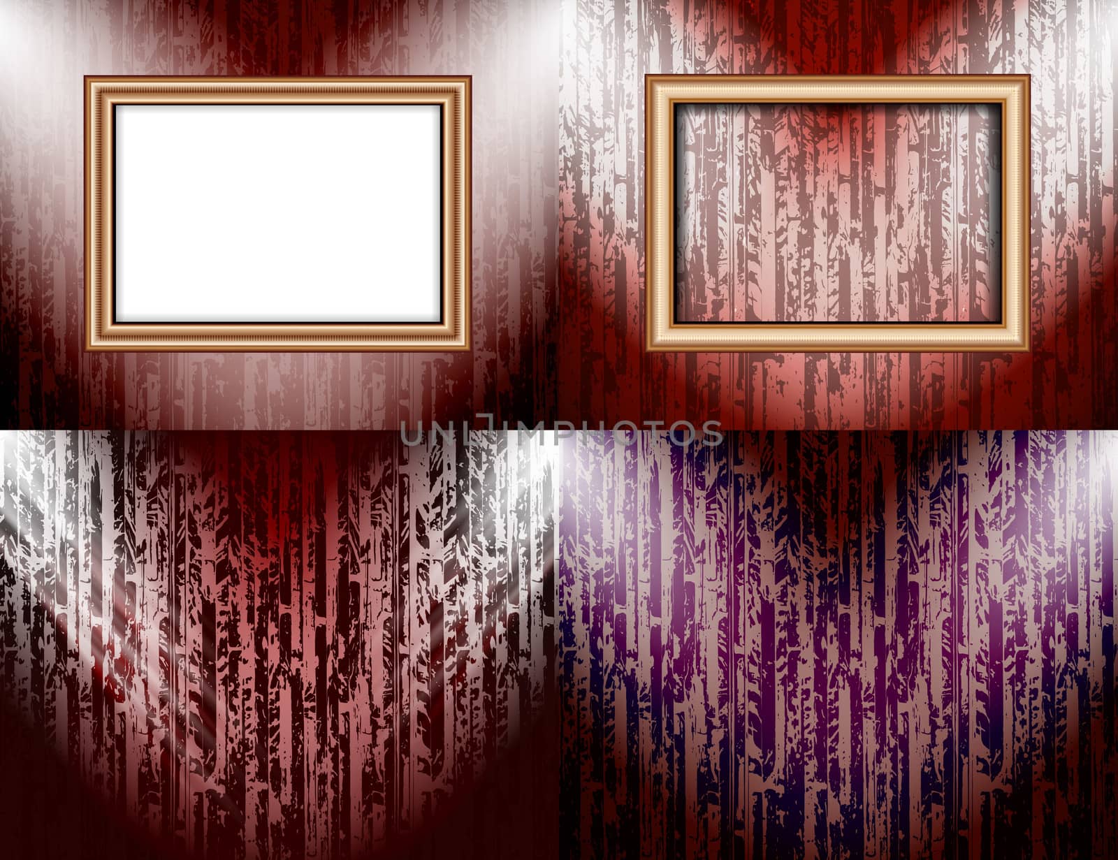 Set of Blank frame on a color wall lighting, abstract colored background with spotlights.  illustration