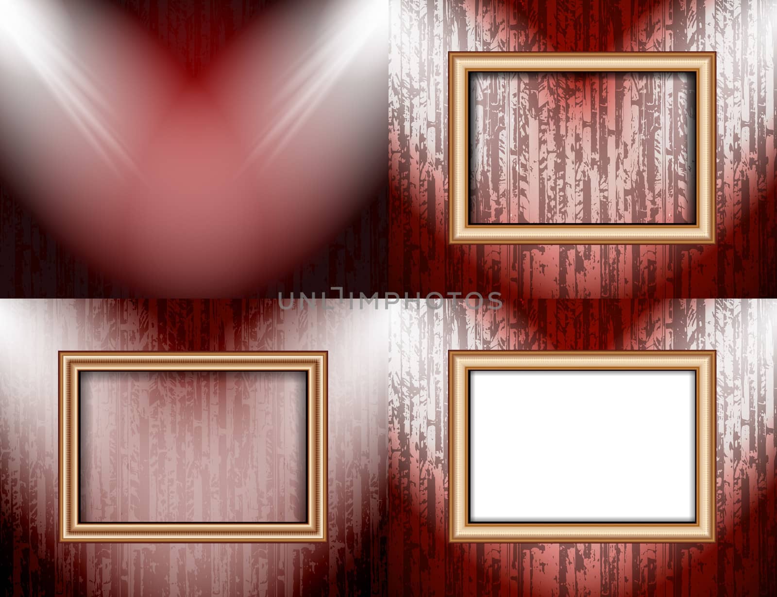 Set of Blank frame on a color wall lighting, abstract colored background with spotlights.  illustration