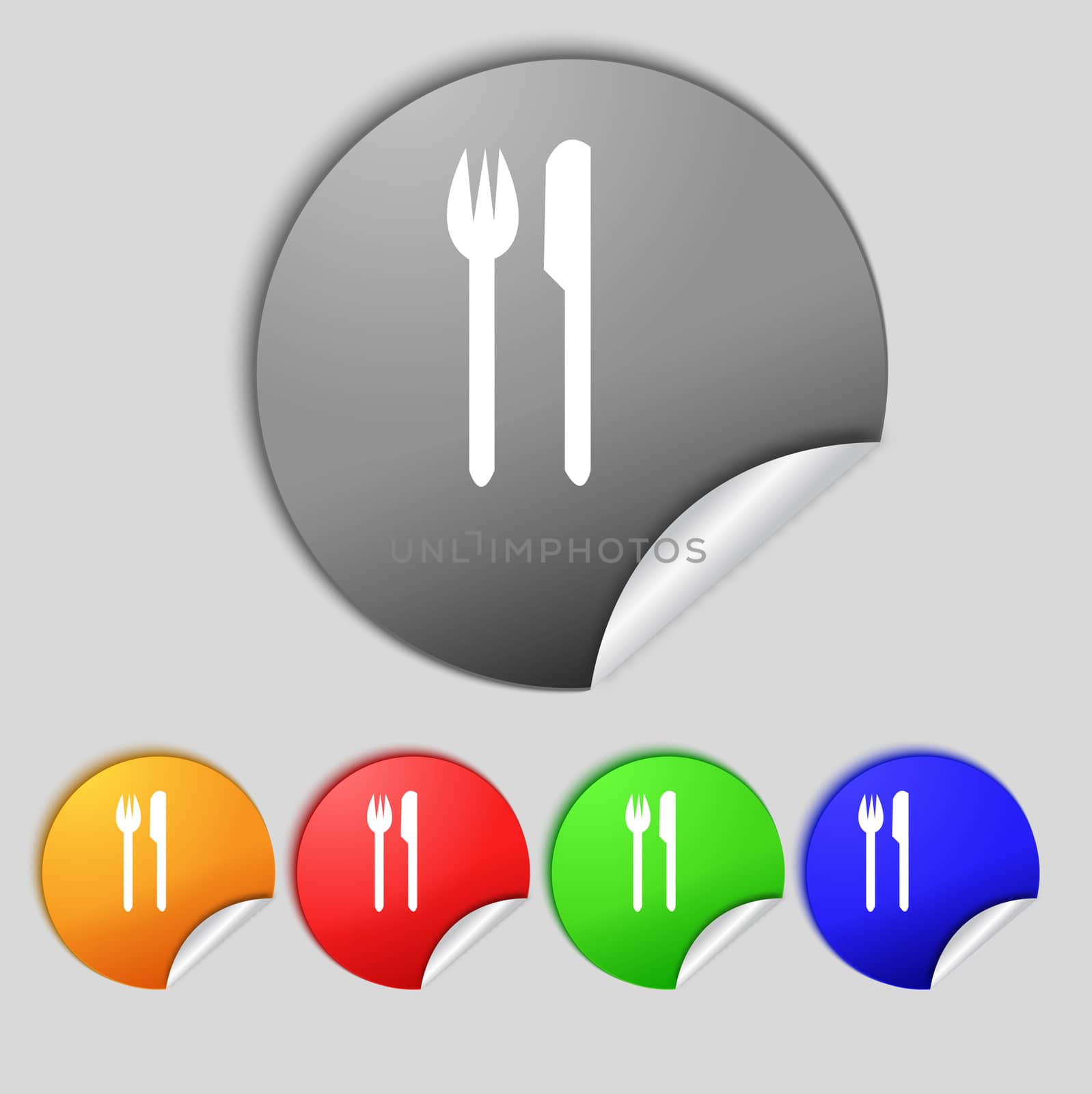 Eat sign icon. Cutlery symbol. Fork and knife. Set colourful buttons  illustration