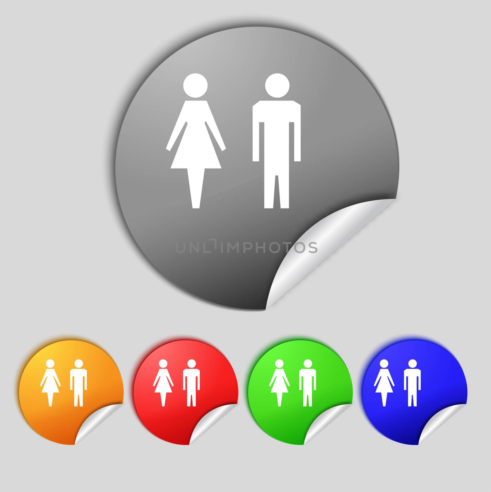 WC sign icon. Toilet symbol. Male and Female toilet. Set colourful buttons.  by serhii_lohvyniuk