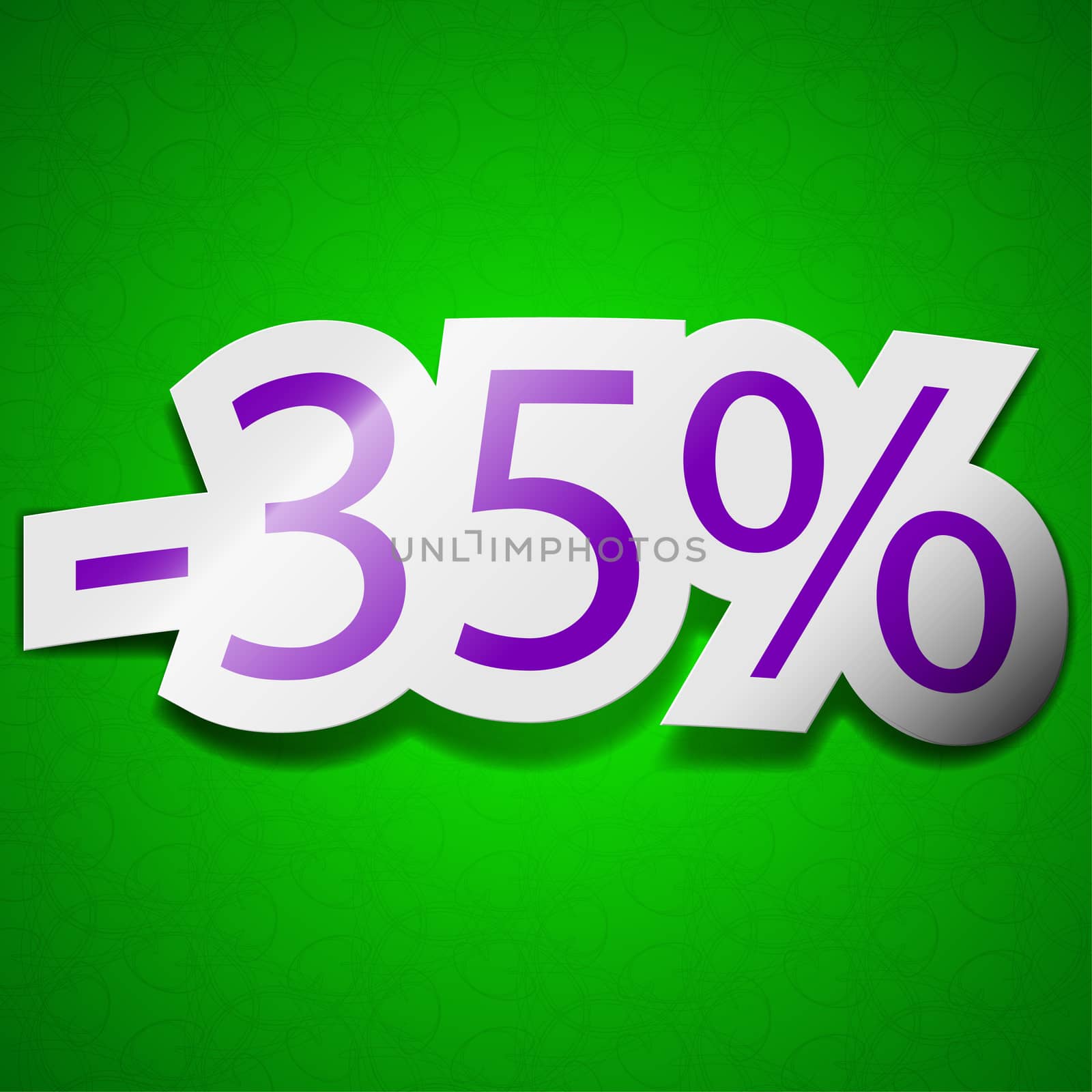 35 percent discount icon sign. Symbol chic colored sticky label on green background.  illustration