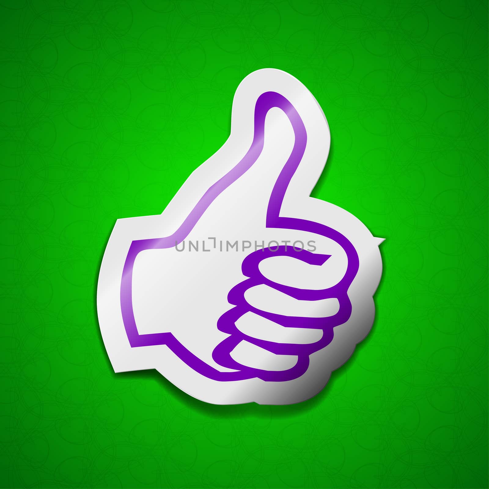 Thumb up, like icon sign. Symbol chic colored sticky label on green background.  illustration