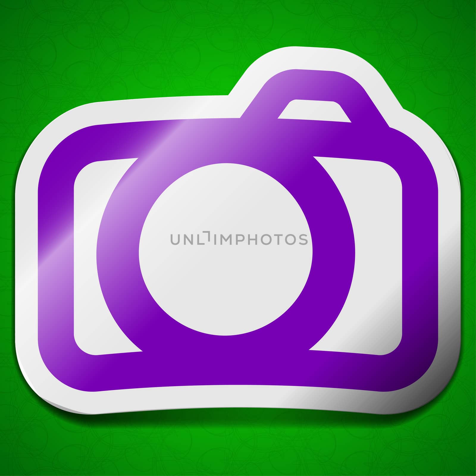 Photo camera icon sign. Symbol chic colored sticky label on green background.  by serhii_lohvyniuk