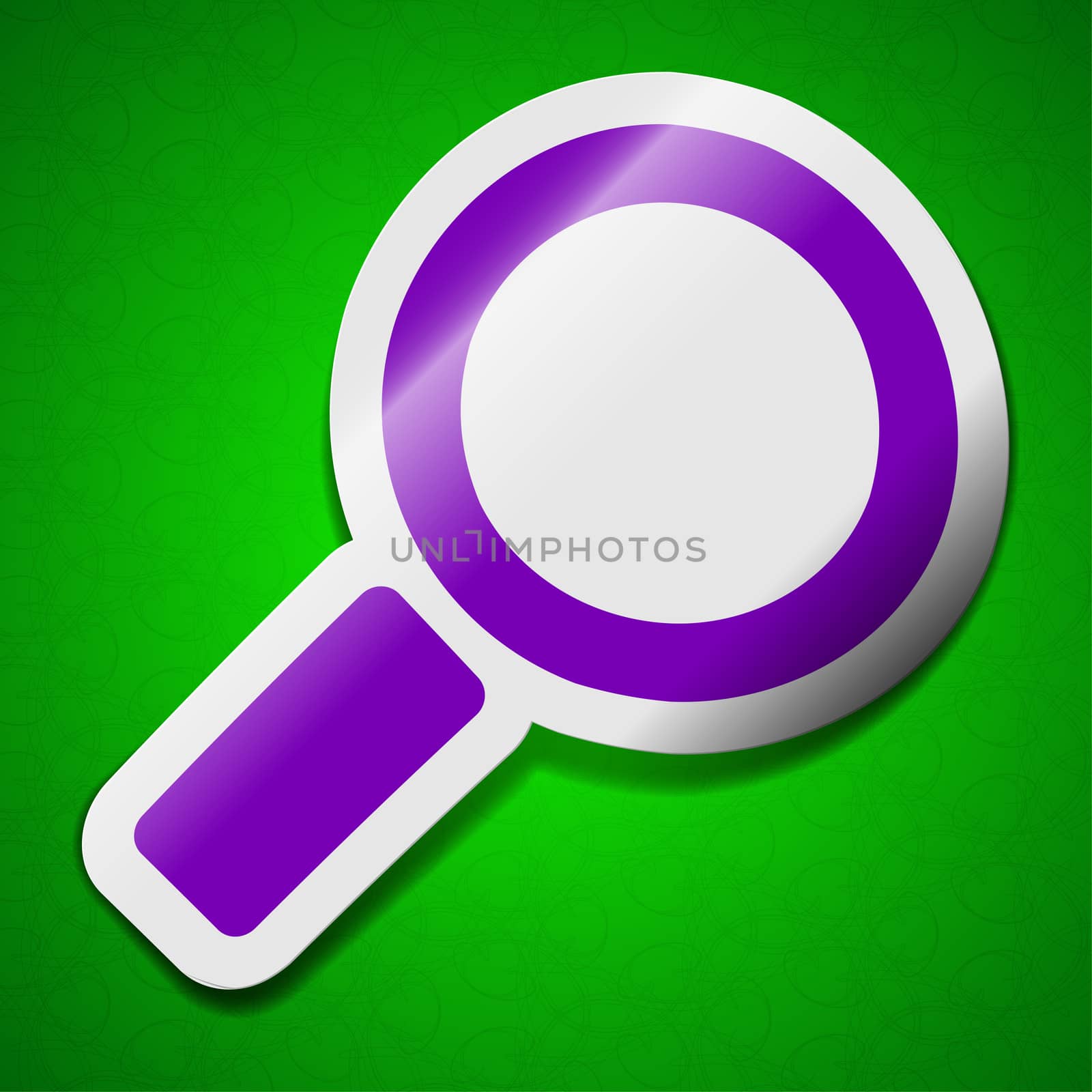 Magnifier glass icon sign. Symbol chic colored sticky label on green background.  illustration