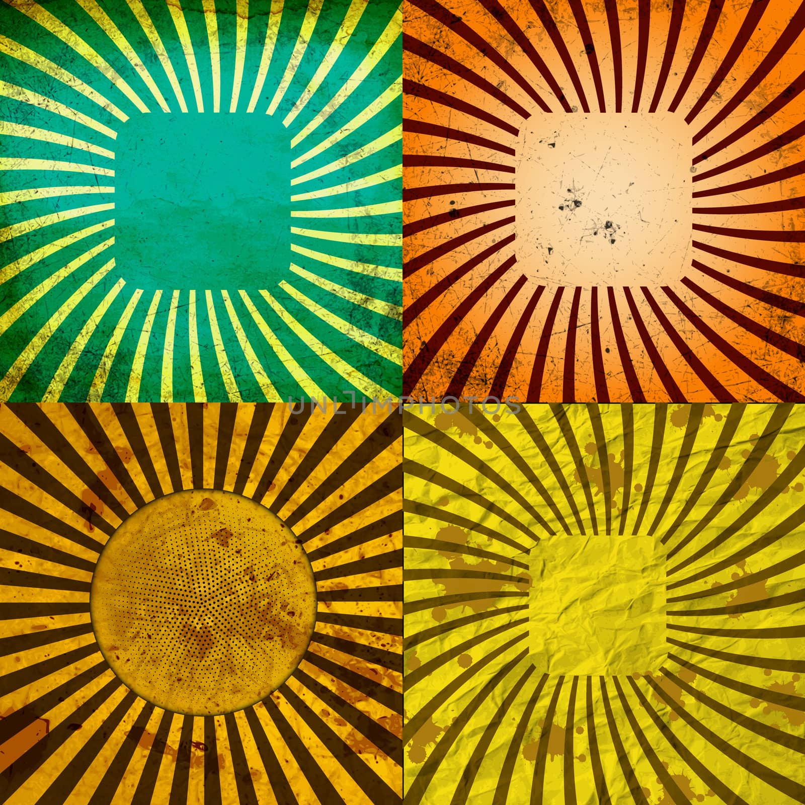 Sunburst Retro Textured Grunge Background Set. Vintage Rays.  illustration