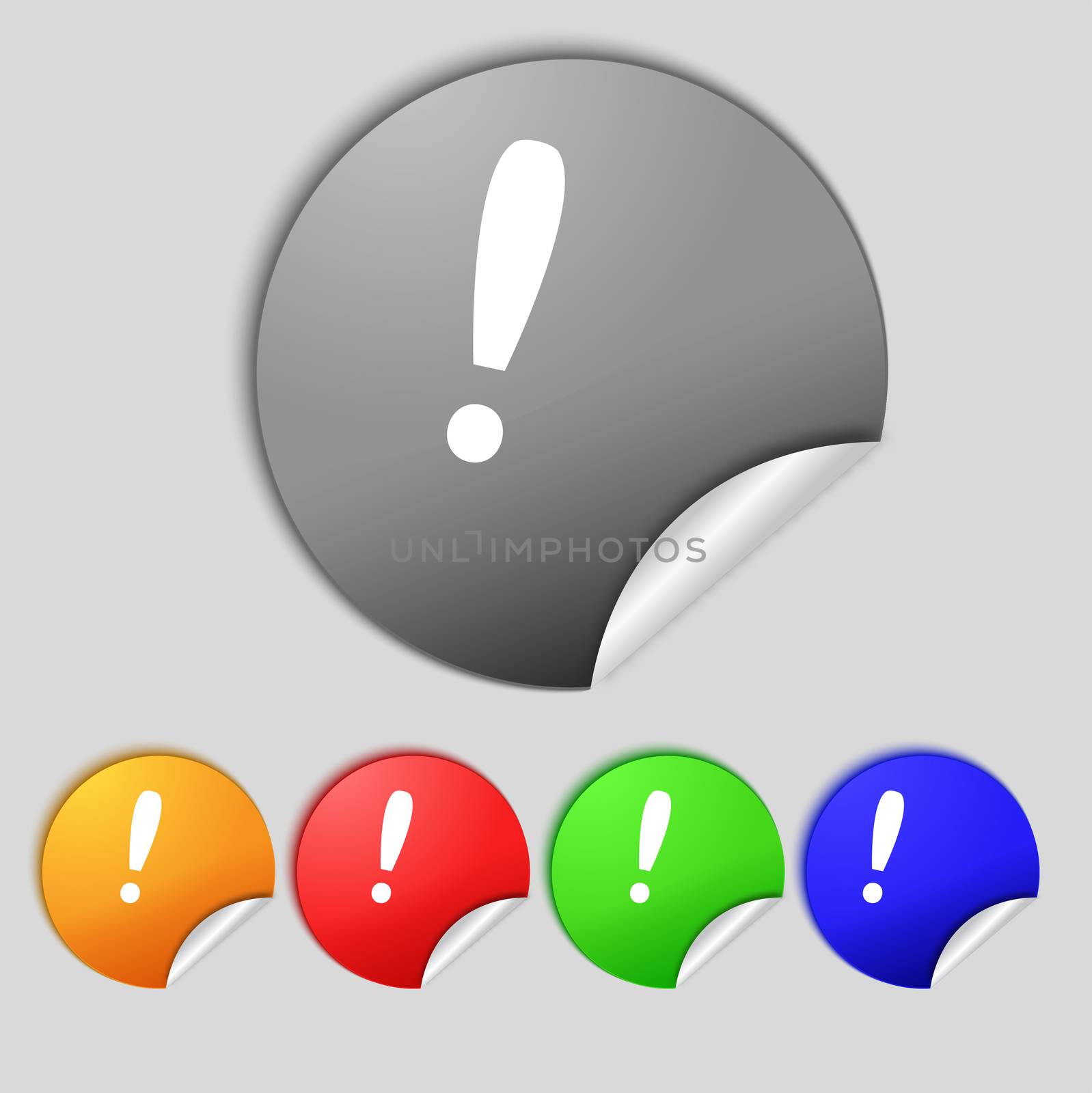 Exclamation mark sign icon. Attention speech bubble symbol. Set colourful buttons.  illustration