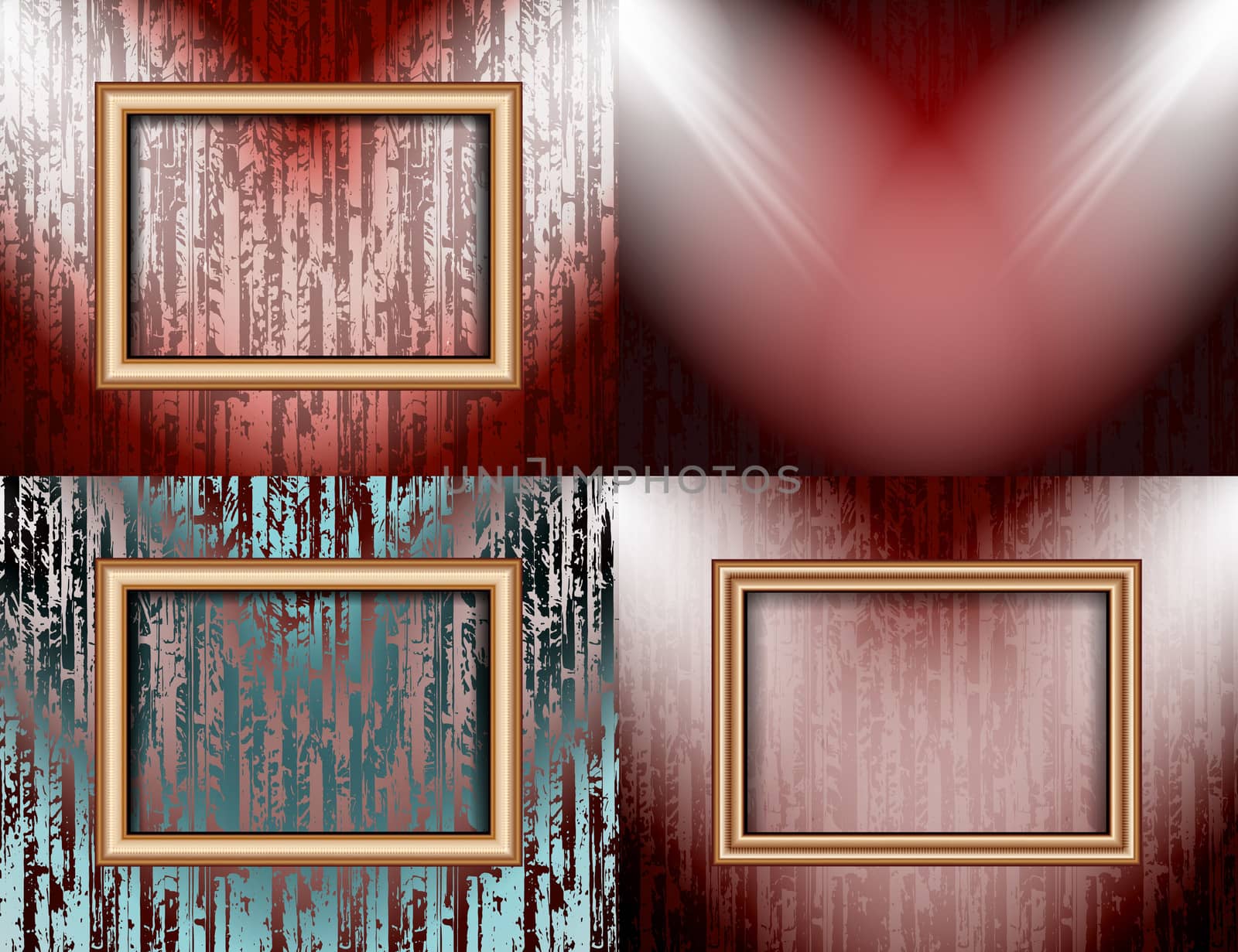Set of Blank frame on a color wall lighting, abstract colored background with spotlights.  illustration