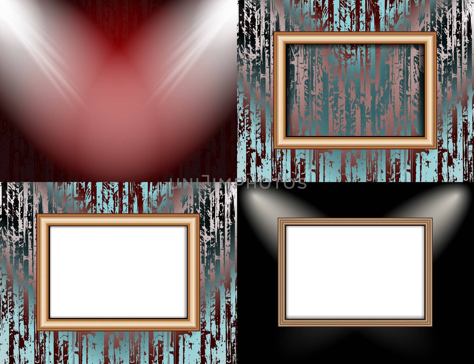 Set of Blank frame on a color wall lighting, abstract colored background with spotlights.  illustration