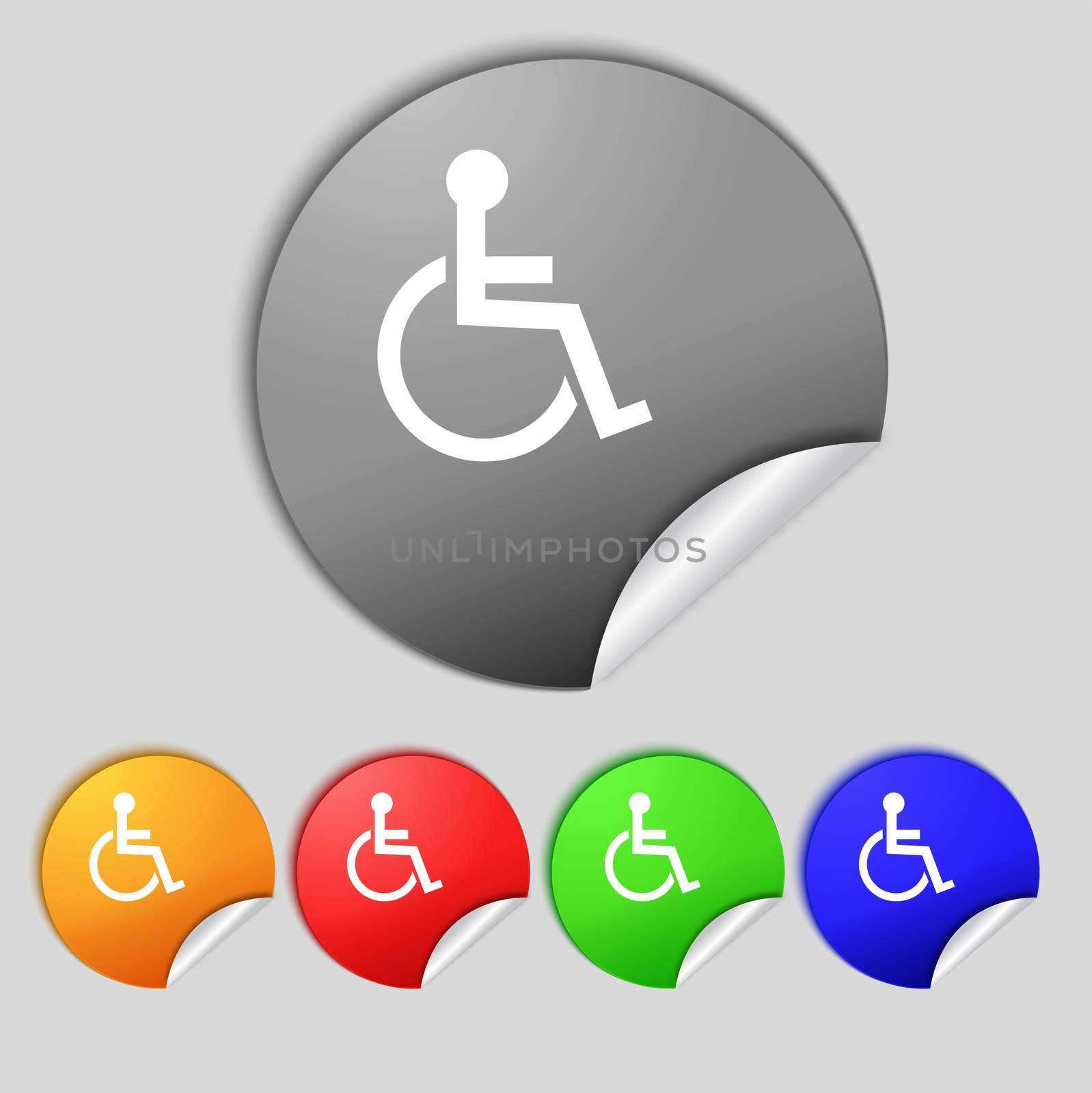 Disabled sign icon. Human on wheelchair symbol. Handicapped invalid sign. Set colourful buttons  illustration