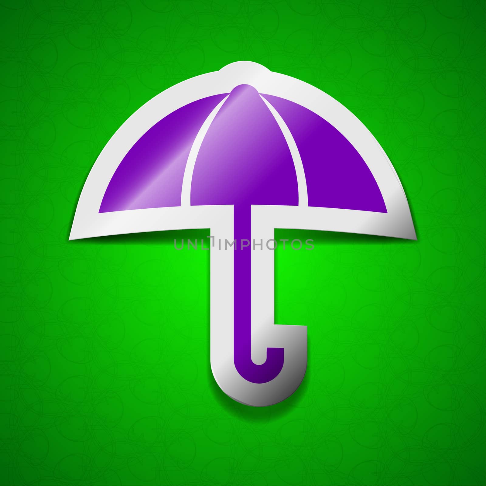 Umbrella icon sign. Symbol chic colored sticky label on green background.  illustration