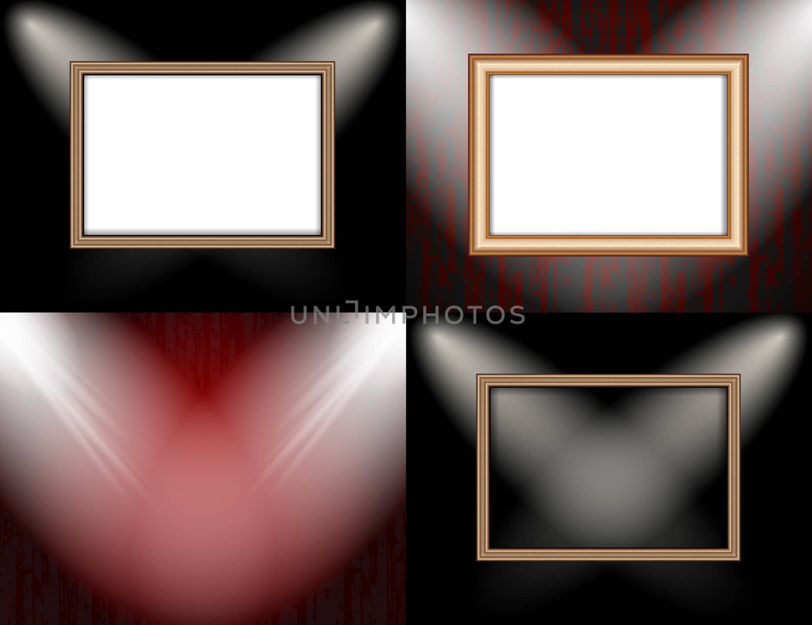 Set of Blank frame on a color wall lighting, abstract colored background with spotlights.  illustration