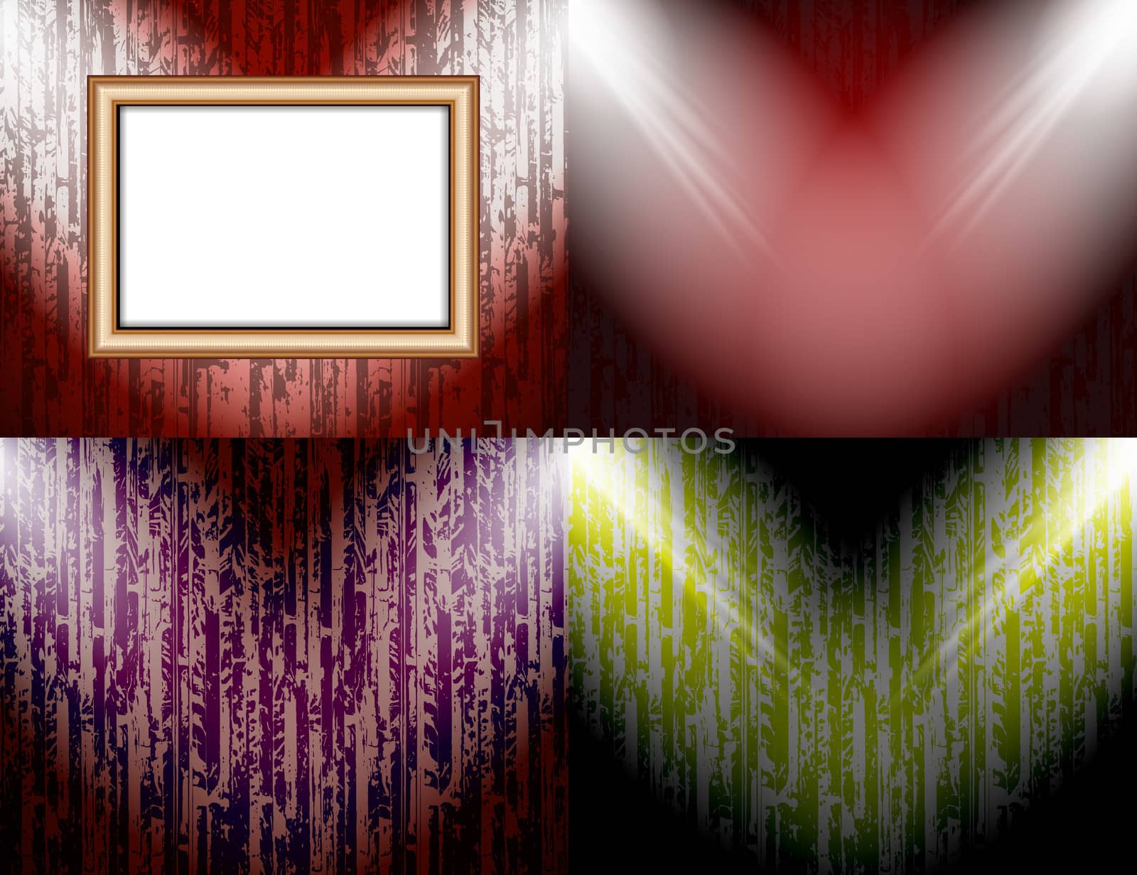 Set of Blank frame on a color wall lighting, abstract colored background with spotlights.  illustration