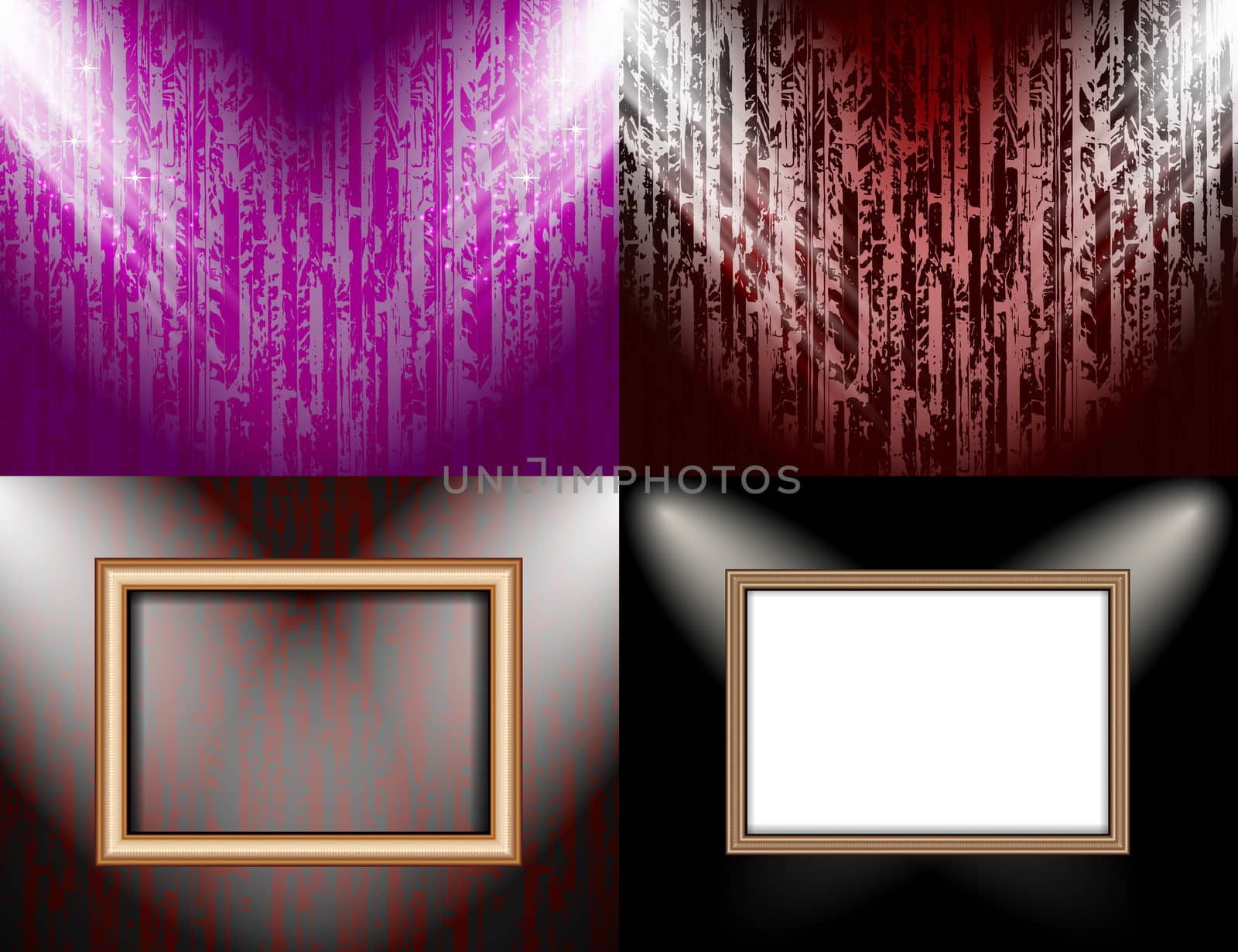 Set of Blank frame on a color wall lighting, abstract colored background with spotlights.  illustration