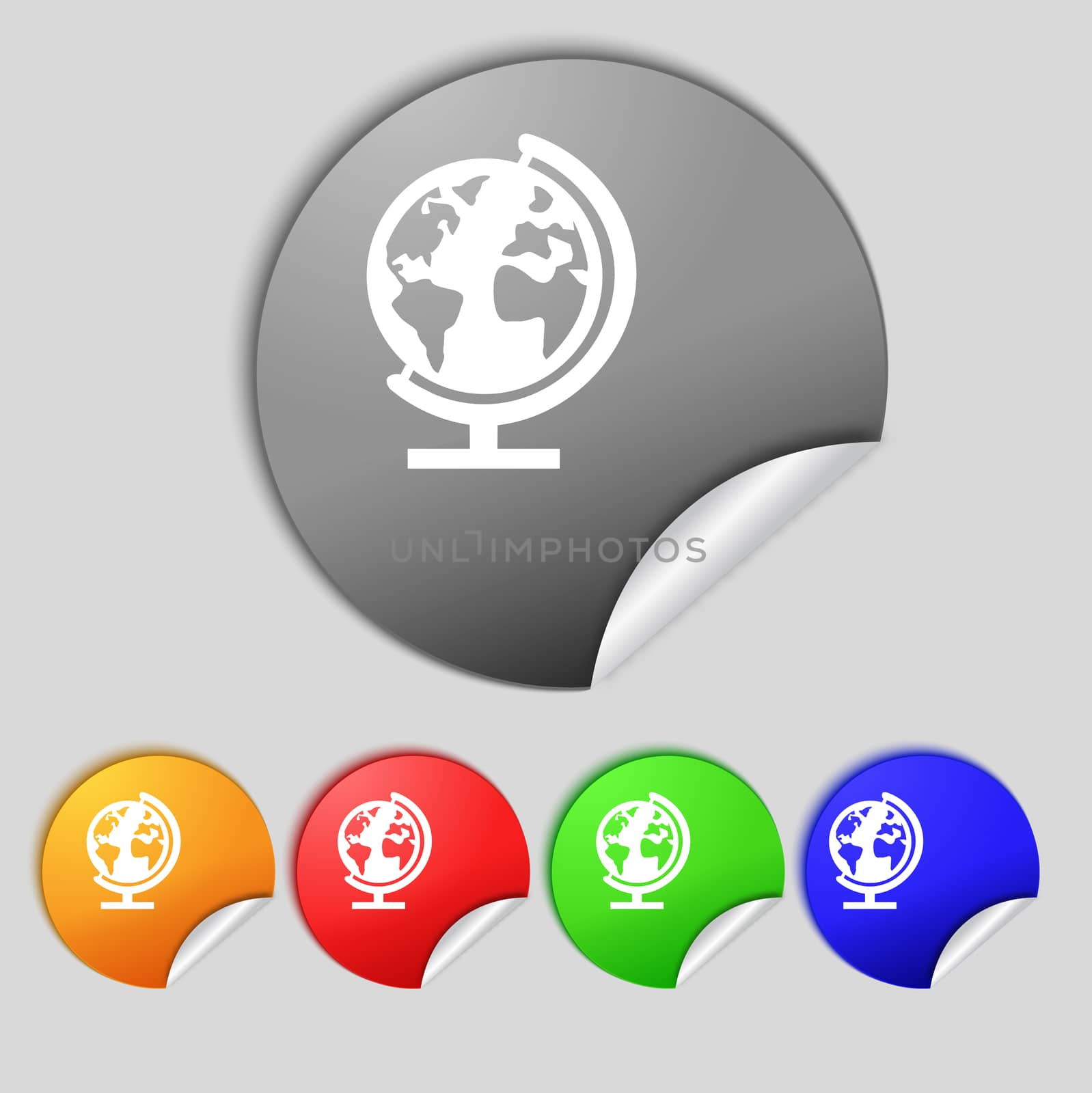 Globe sign icon World map geography symbol. Globe on stand for studying. Set colur buttons  illustration
