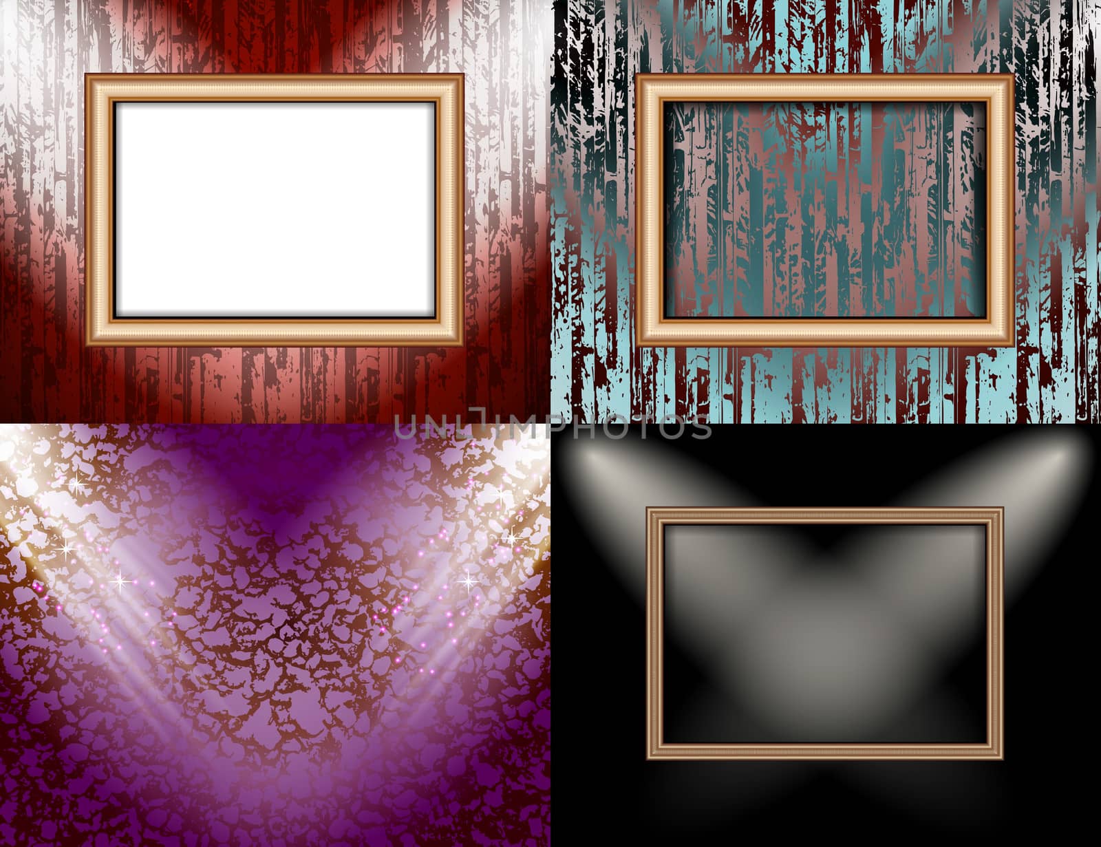 Set of Blank frame on a color wall lighting, abstract colored background with spotlights.  illustration