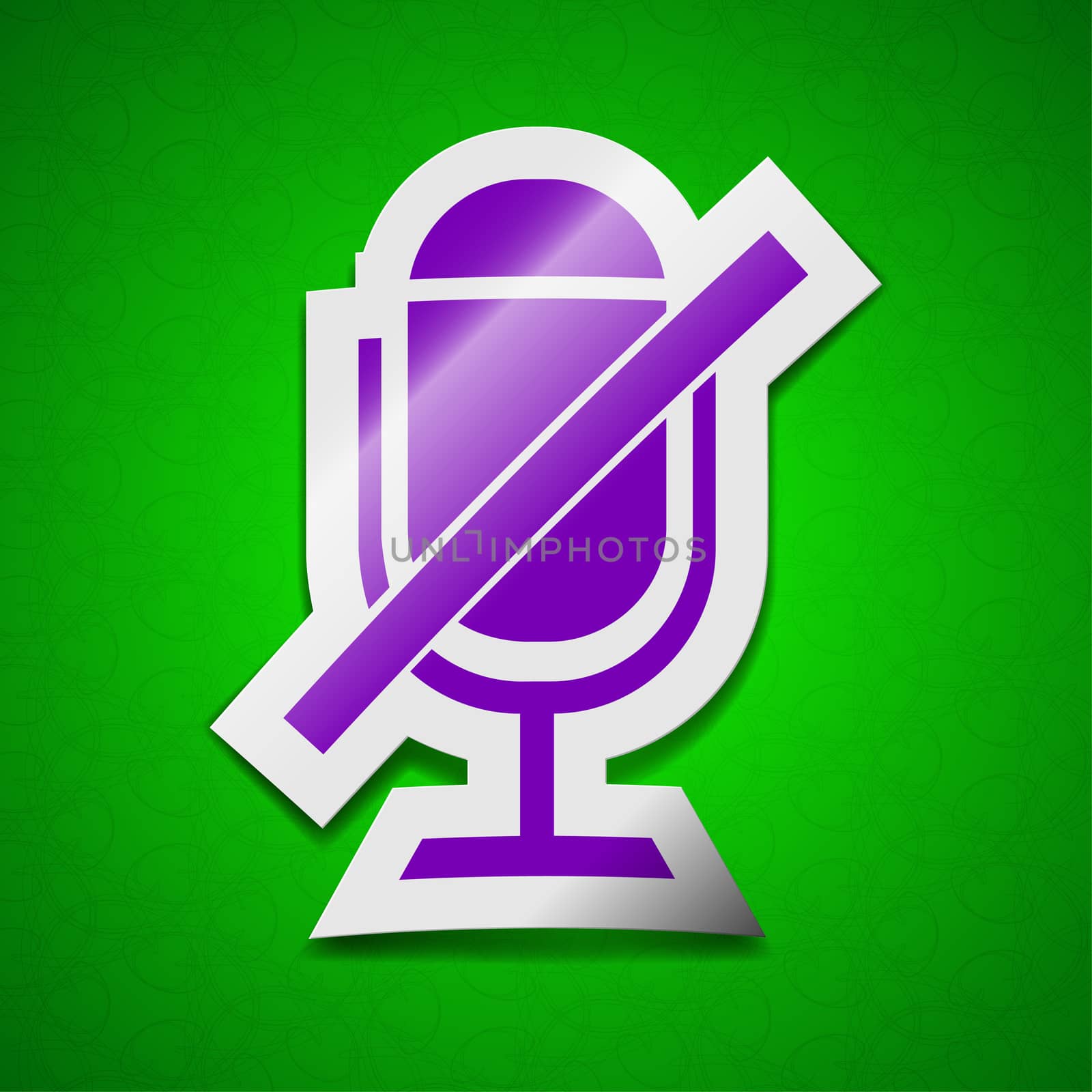 No Microphone icon sign. Symbol chic colored sticky label on green background.  by serhii_lohvyniuk