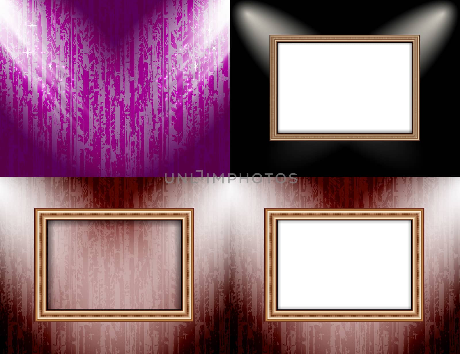 Set of Blank frame on a color wall lighting, abstract colored background with spotlights.  illustration