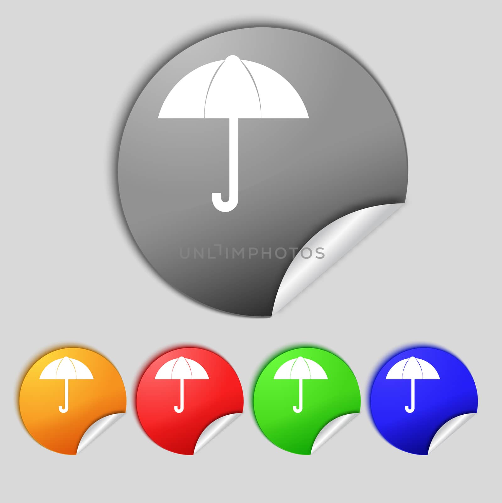 Umbrella sign icon. Rain protection symbol. Set colourful buttons.  by serhii_lohvyniuk