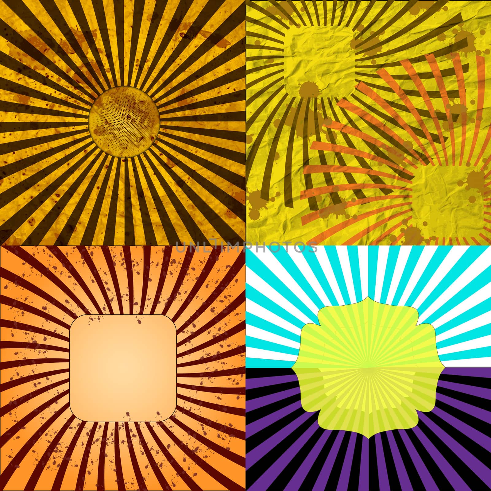 Sunburst Retro Textured Grunge Background Set. Vintage Rays.  illustration