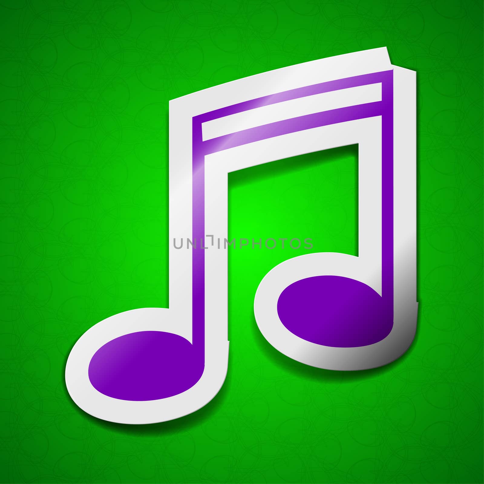 Music note icon sign. Symbol chic colored sticky label on green background.  by serhii_lohvyniuk
